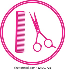 round icon of hair salon with scissors and comb on white background