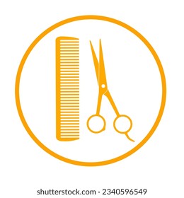 round icon of hair salon with scissors and comb