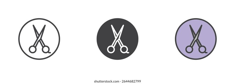 Round icon with haircut scissors inside in outline, solid, and colorful filled outline styles. Vector barbershop logo icon and hair styling symbol in circular badge format.