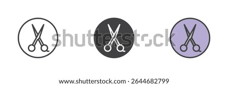 Round icon with haircut scissors inside in outline, solid, and colorful filled outline styles. Vector barbershop logo icon and hair styling symbol in circular badge format.