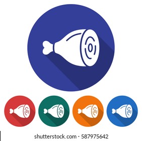 Round icon of  ham. Flat style illustration with long shadow in five variants background color