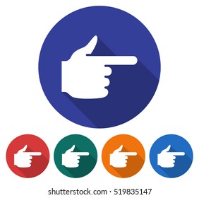 Round icon of hand with forefinger pointing forward. Flat style illustration with long shadow in five variants background color