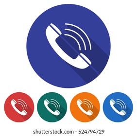 Round icon of handset. Flat style illustration with long shadow in five variants background color