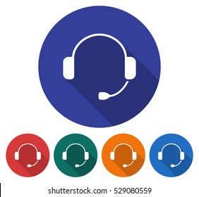 Round icon of headphones. Flat style illustration with long shadow in five variants background color