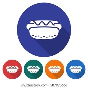 Round icon of  hot dog. Flat style illustration with long shadow in five variants background color
