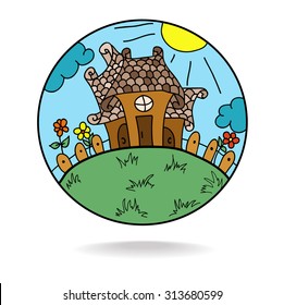 Round icon with houses and sun. vector