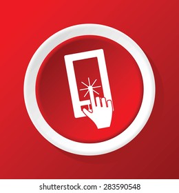 Round icon with image of hand touching phone screen, on red background