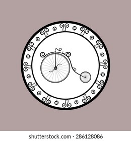 Round icon with the image of a vintage style retro bicycle