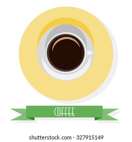 Round icon isolated on a white background. Coffee cup on a saucer. Top view.