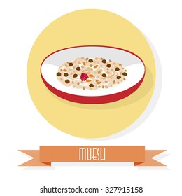 Round icon isolated on a white background. Muesli in a red bowl. Elements can be used as an objects.