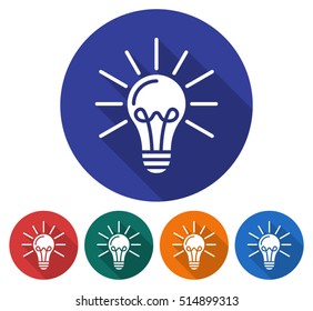 Round icon of lamp radiating light. Flat style illustration with long shadow in five variants background color 