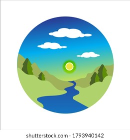 Icono de redondeo con paisaje. Río y bosque de montaña. Un hermoso icono en un estilo moderno. Ilustración vectorial.