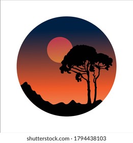 Round icon with landscape. Tree on the background of the sunset. A beautiful icon in a modern style. Vector illustration.