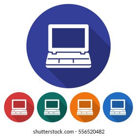 Round icon of laptop. Flat style illustration with long shadow in five variants background color       