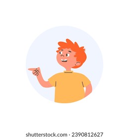 Round icon with laughing and pointing finger child boy flat style, vector illustration isolated on white background. Decorative design element, avatar, emotions and gesture