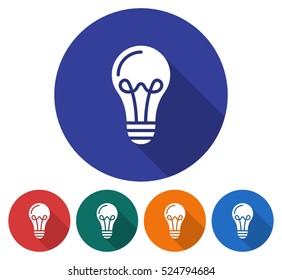 Round icon of lighting  lamp. Flat style illustration with long shadows in five variants background color 