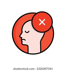 rundes Symbol wie lineares Entlassungslogo. Konzept der Seitensicht des Gesichts und Menschen unglückliche Gefühle wie Missfallen. Trend im Cartoon-Stil, modernes logotypisches Grafikdesign einzeln auf weißem Hintergrund