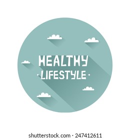 Round icon or logo concept for healthy lifestyle. Vector colorful illustration in flat style with long shadows