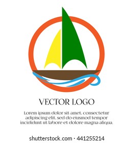 Round icon, logo. Sailboat, yacht, round frame, wave. A colorful green, yellow, brown, red, blue. An abstract illustration, isolated.
