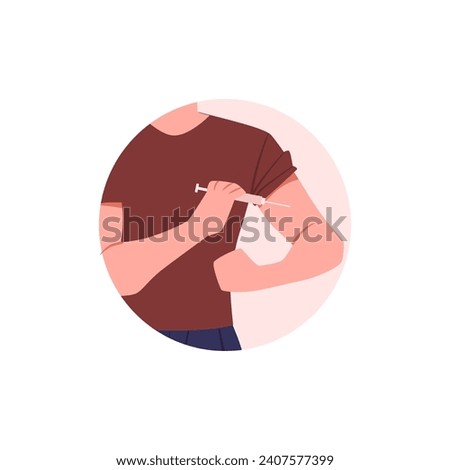 Round icon with man making self injection in shoulder flat style, vector illustration isolated on white background. Decorative design element, health and medicine, treatment
