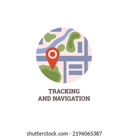 Round icon with map about tracking and navigation flat style, vector illustration isolated on white background. Red geotag, pinpoint, circle city scheme