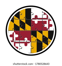 rundes Symbol mit Maryland-Fahne aus Puzzleteilen einzeln auf weißem Hintergrund 