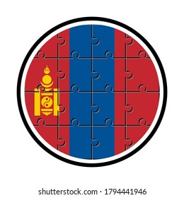 rundes Symbol mit mongolischer Flagge aus Puzzleteilen einzeln auf weißem Hintergrund 