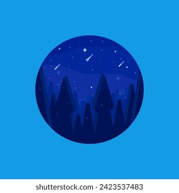 Round icon of night landscape view from forest to starry sky. Flat modern landscape illustration of nature.