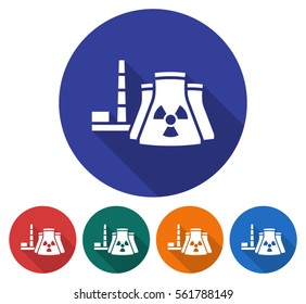 Round icon of nuclear power plant. Flat style illustration with long shadow in five variants background color