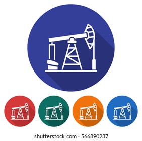 Round icon of oil derrick. Flat style illustration with long shadow in five variants background color