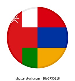 round icon with oman and armenia flags, isolated on white background