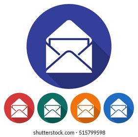 Round icon of open envelope with letter. Flat style illustration with long shadow in five variants background color 