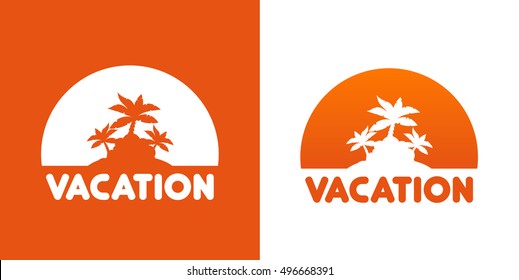 Round Icon Orange Color with Tropical Island and Palm Trees. Vector Illustration isolated on white and orange background.