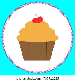 round icon with pink lines and blue background with a muffin. Vector illustration.
