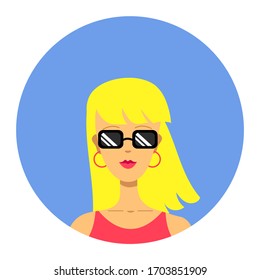 Round icon with a portrait of a young beautiful blonde woman in black sunglasses, pink top and ring earrings. Straight hair, bangs. Blue background. Vector graphics, illustration