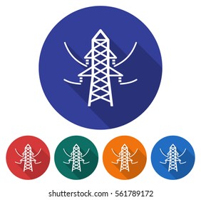 Round icon of power transmission pole. Flat style illustration with long shadow in five variants background color