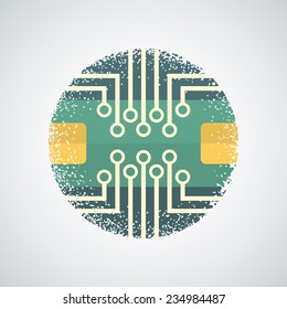 Round Icon of Printed Circuit Board in Grungy Style on a Light Background with Opacity and Clipping Masks