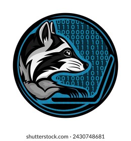 Round icon of raccoon with laptop on white background.