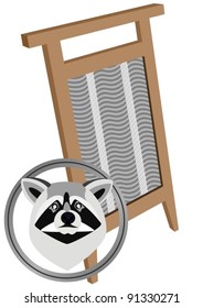 Round icon with a raccoon's head against an old washboard. The illustration on a white background