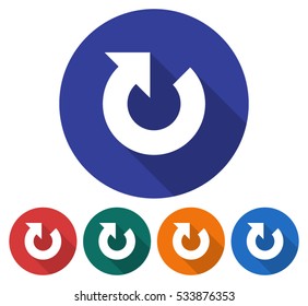 Round icon of recycling arrow. Flat style illustration with long shadow in five variants background color 