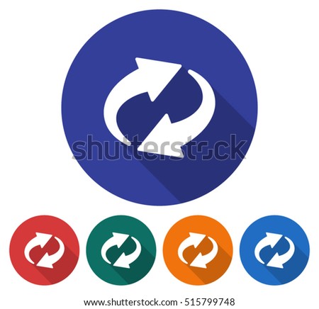 Round icon of recycling arrows. Flat style illustration with long shadow in five variants background color 