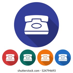 Round icon of retro phone. Flat style illustration with long shadow in five variants background color
