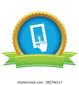 Round icon with ribbon, with hand touching phone screen, isolated on white