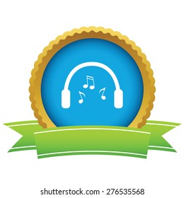 Round icon with ribbon, with headphones image and few notes, isolated on white