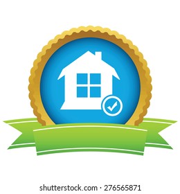 Round icon with ribbon, with house image and tick mark, isolated on white