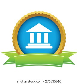 Round icon with ribbon, with image of classical building, isolated on white