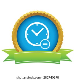 Round icon with ribbon, with image of clock with minus, isolated on white