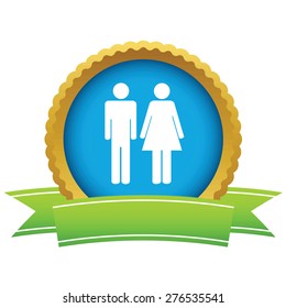 Round icon with ribbon, with image of couple, isolated on white