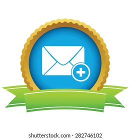 Round icon with ribbon, with image of envelope with plus, isolated on white