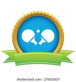 Round icon with ribbon, with image of table tennis racket, isolated on white